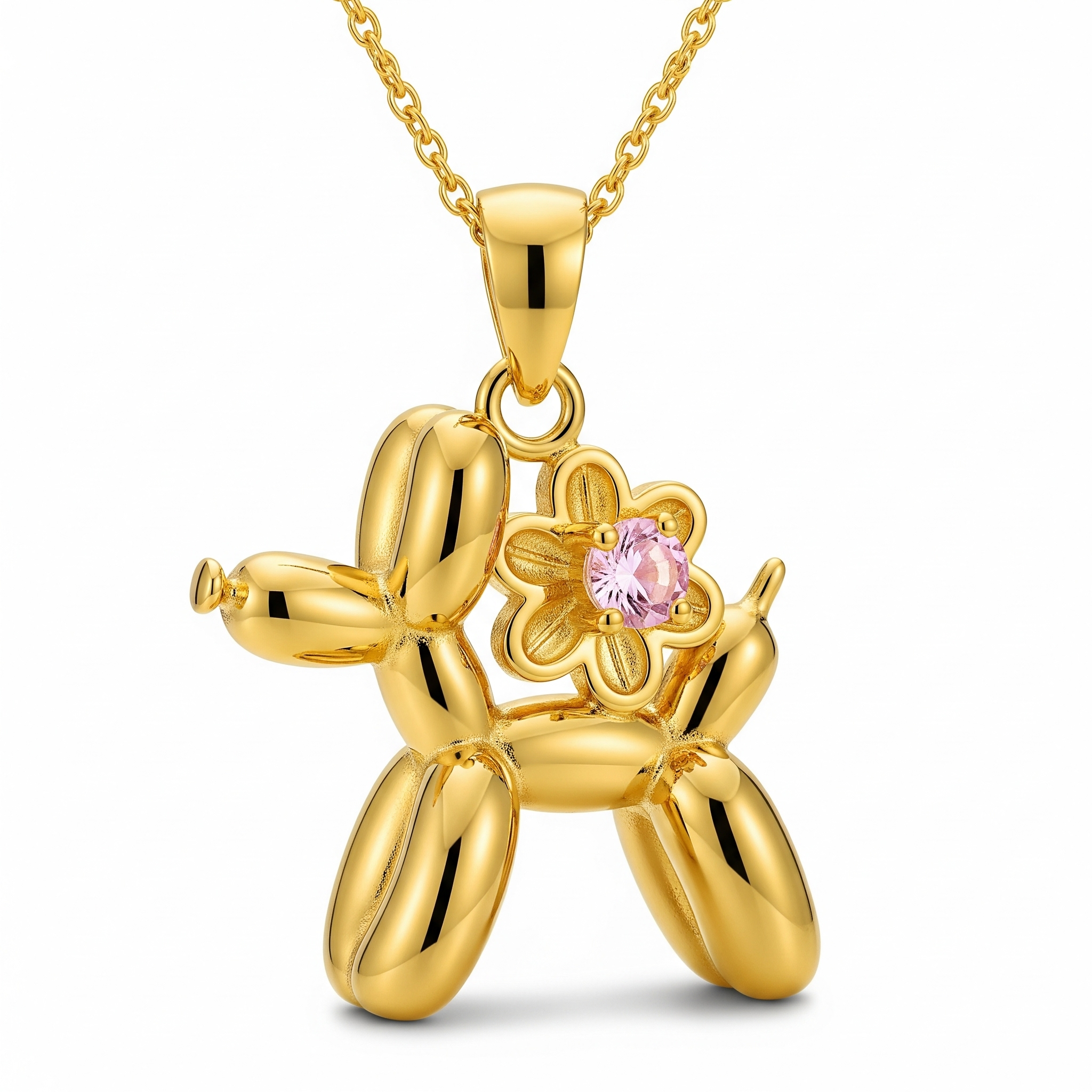Balloon Dog Pendant Necklace with Flower and Pink Crystal Charm in Stainless Steel